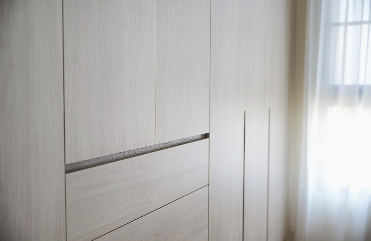 德盈設計系統櫃細節：簡約隱藏式把手設計，極簡線條展現現代工藝美學，提升櫃體整體空間質感。
