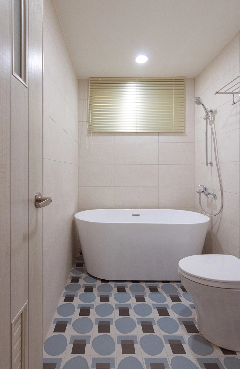 現代衛浴空間規劃，白色懸掛式洗手台搭配復古幾何花磚地磚，完美結合實用機能與獨特室內設計風格。