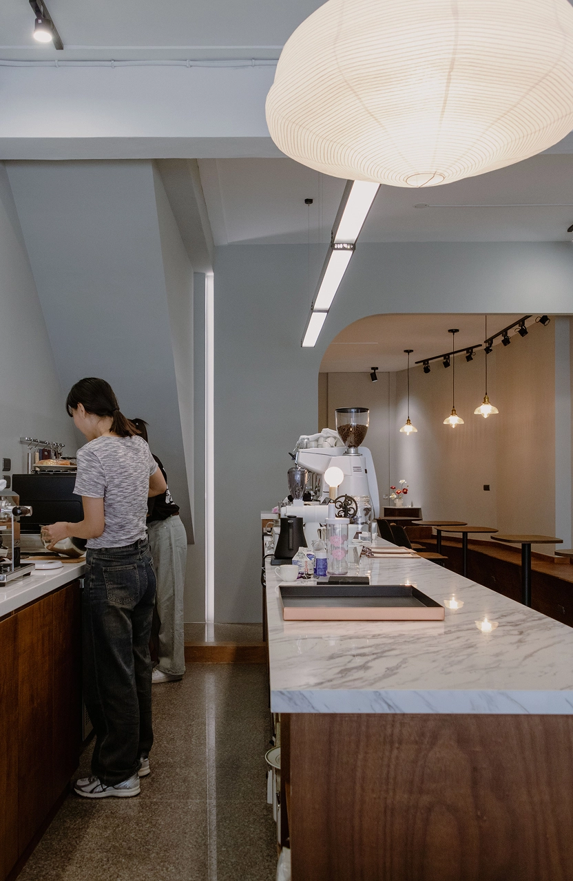 台南昇陞咖啡老屋翻新。工業風沉穩深木色調，入口木作雙面牆搭強化玻璃。