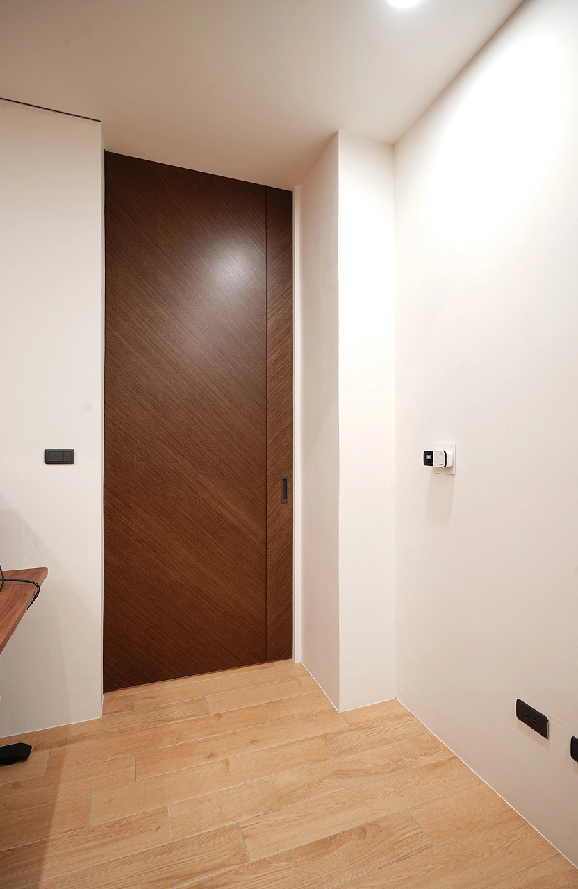 德盈空間規劃：選用深邃溫潤核桃木門片，搭配隱藏式把手設計，營造沈穩大氣的現代主臥風格。