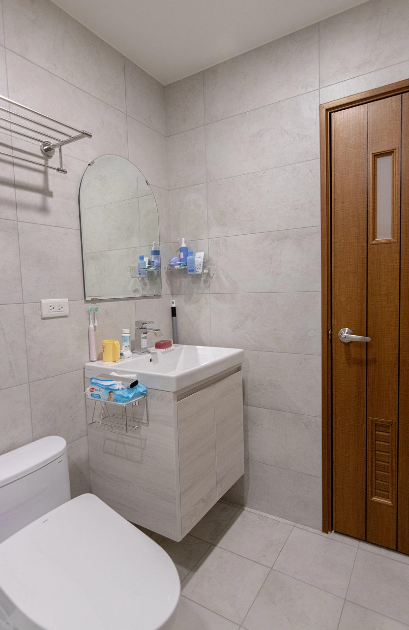 浴室系統化收納規劃，懸空式洗手台櫃體搭配拱型浴鏡，客製化衛浴家具提升居家生活質感與實用性。