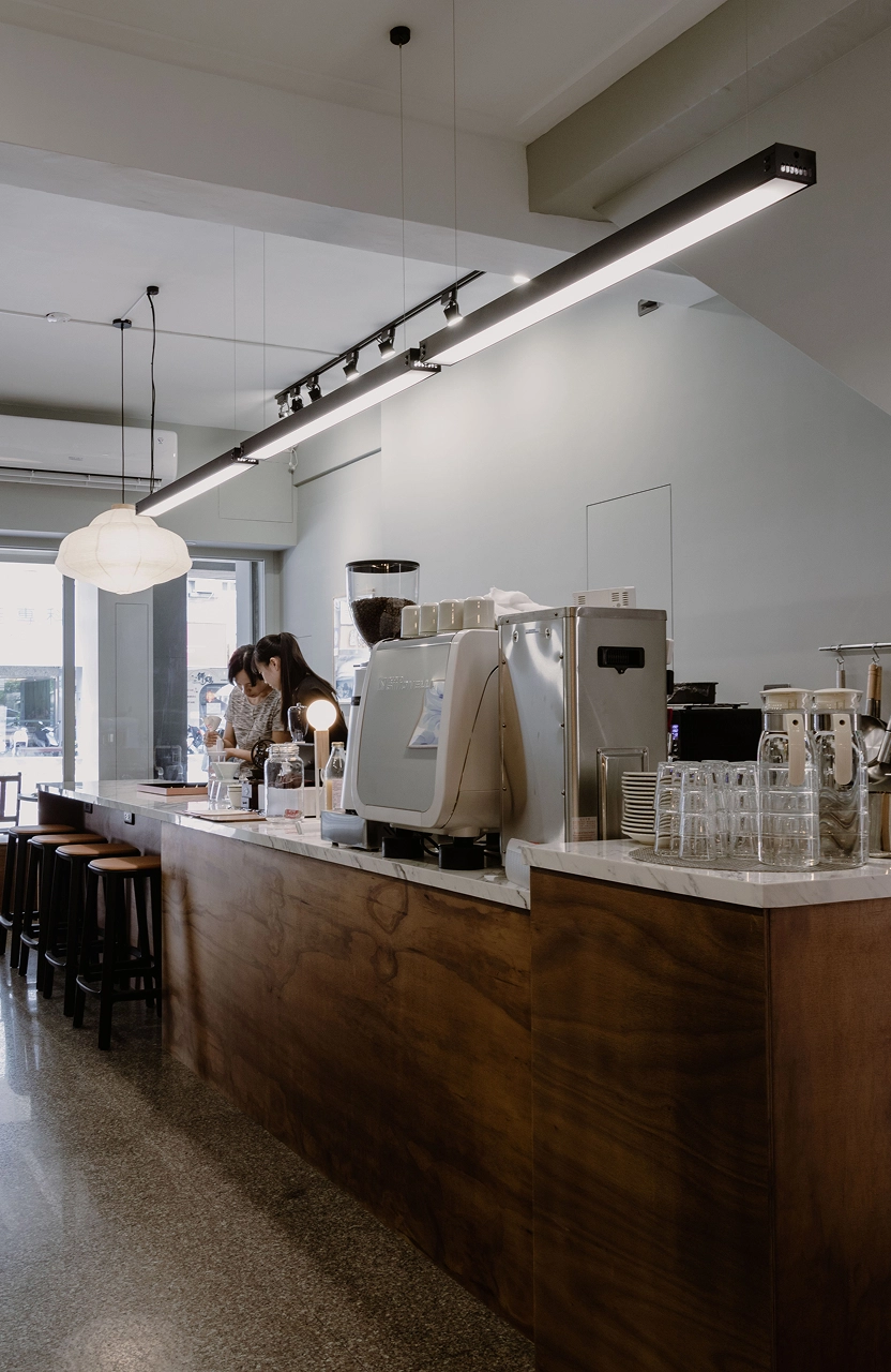 德盈室內設計，吧檯櫃人造石檯面，電箱拍拍門隱藏，兼具美學與機能。