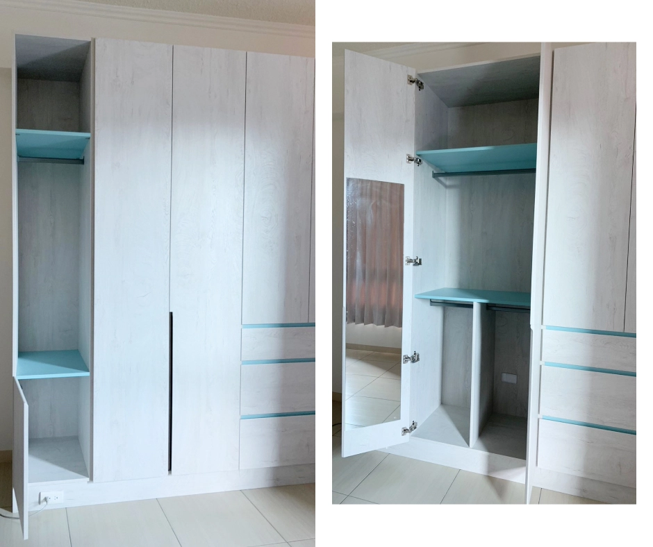 系統衣櫃隱藏明鏡設計：門片後貼明鏡方便穿搭，提升小坪數臥室實用機能。