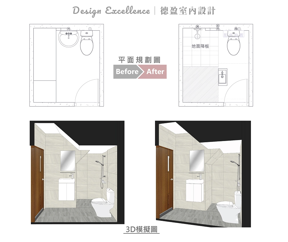 德盈專業規劃:3D 模擬廁所改修前原貌,透過精確繪圖與屋主溝通翻修需求。
