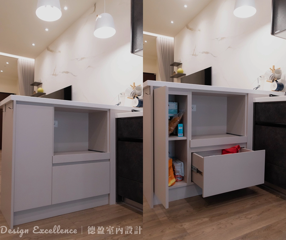 量身打造的台南系統櫃能整合各式家電,維持廚房檯面美觀簡潔。