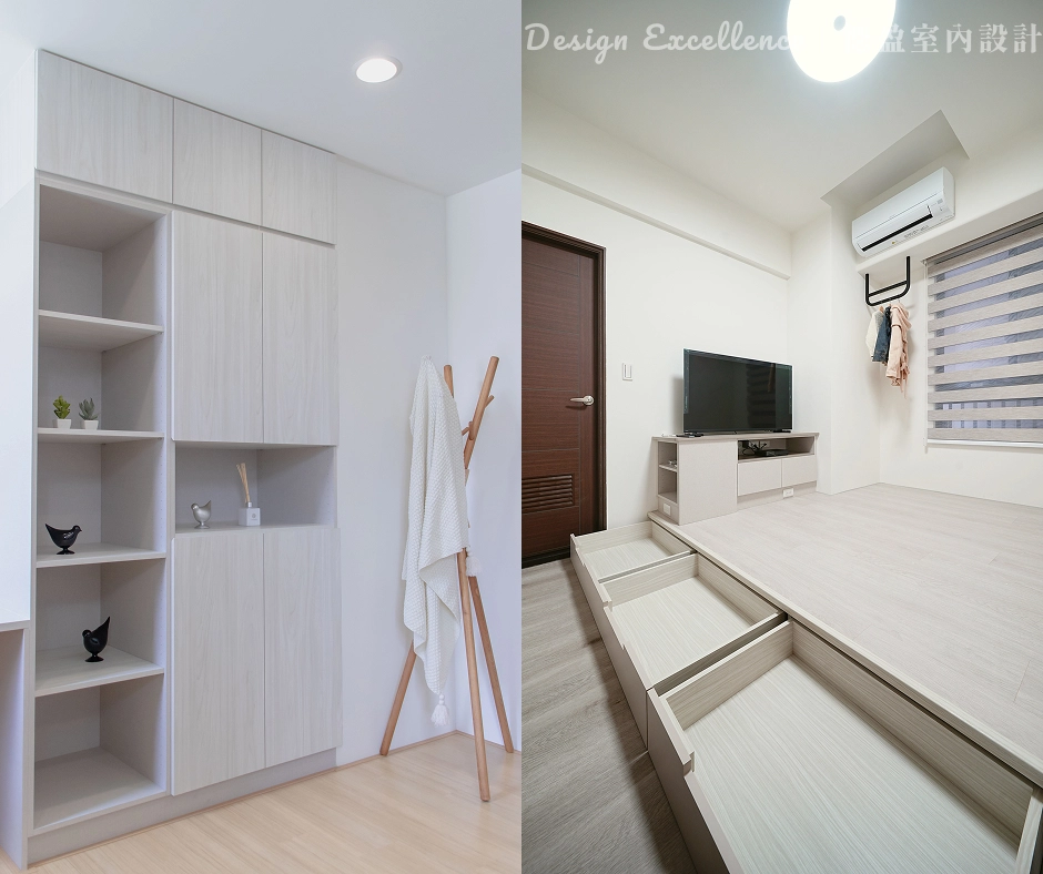 複合功能家具釋放小宅空間。樑下、天花板垂直應用,多功能地台兼顧收納、臥榻與客房。