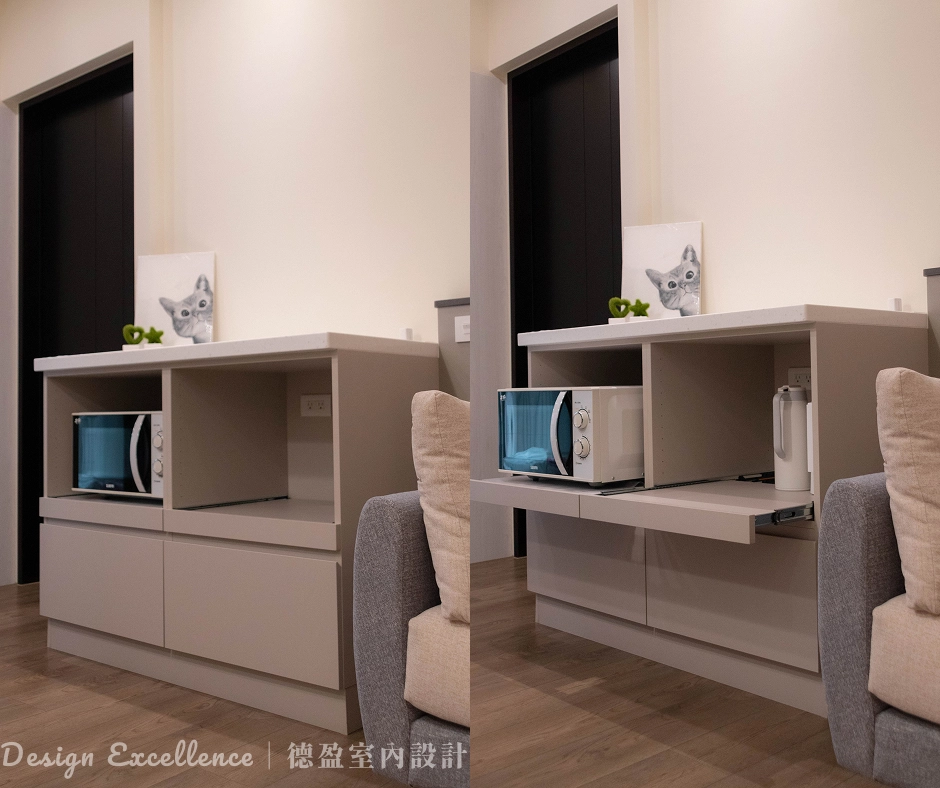 德盈系統電器櫃透過抽盤與緩衝設計,讓廚房收納整齊又順手。