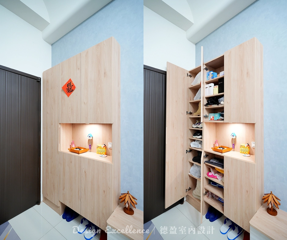 木質玄關櫃整合鞋櫃收納,鏤空區附LED燈與插座,美觀機能兼具。